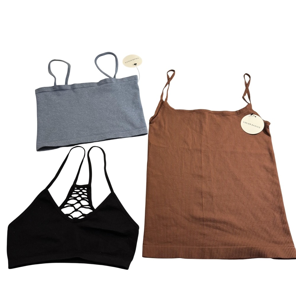 Free People Lulus Basics Lot Womens XS/S Brown Cami Blue Crop Top Black Bralette
